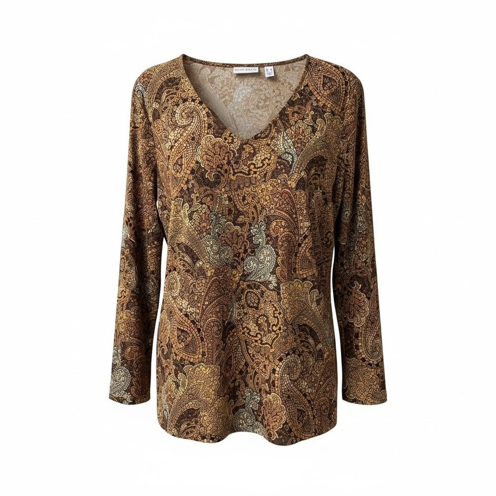 Susan Graver Mosaic Paisley Print V-Neck Top Brown Gold | Size M/L | 22” P2P